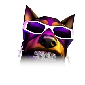 A doberman in white shades and a diamond grill